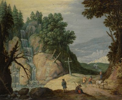 A Rocky Landscape with Waterfall and Travelers on a Path by Marten Ryckaert